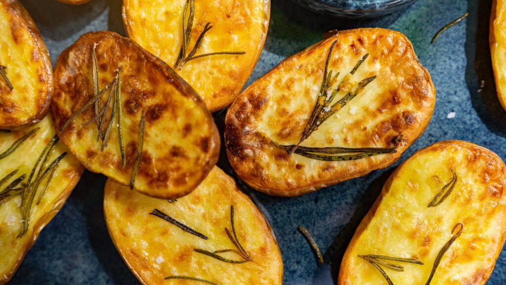 Close-up of crispy air fryer rosemary potatoes.