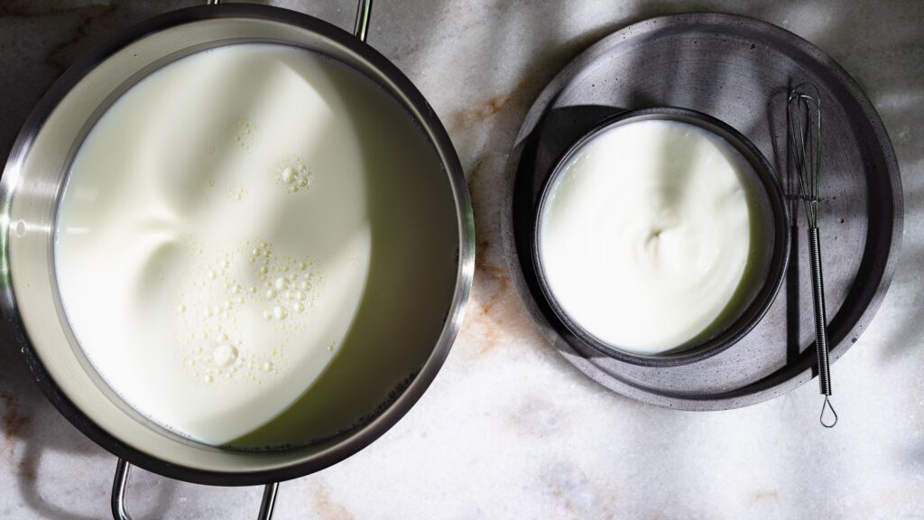 How to make yogurt with milk and yogurt, which are here in a pot and a bowl.