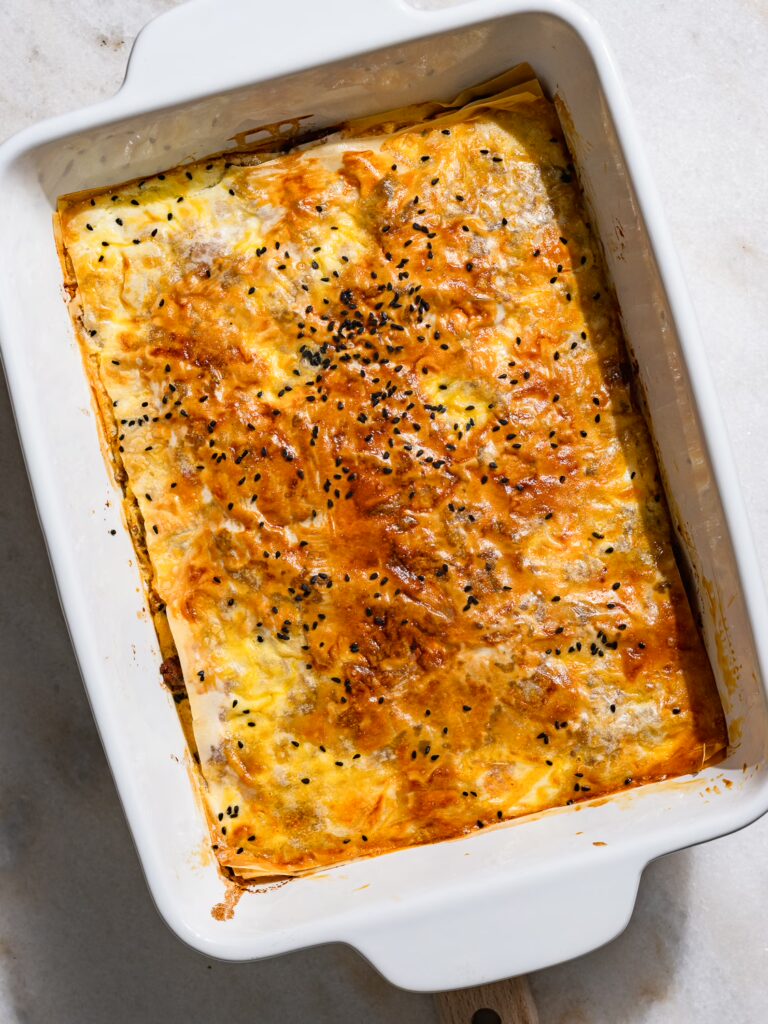 Börek with minced meat baked in the oven until crispy in the tin.